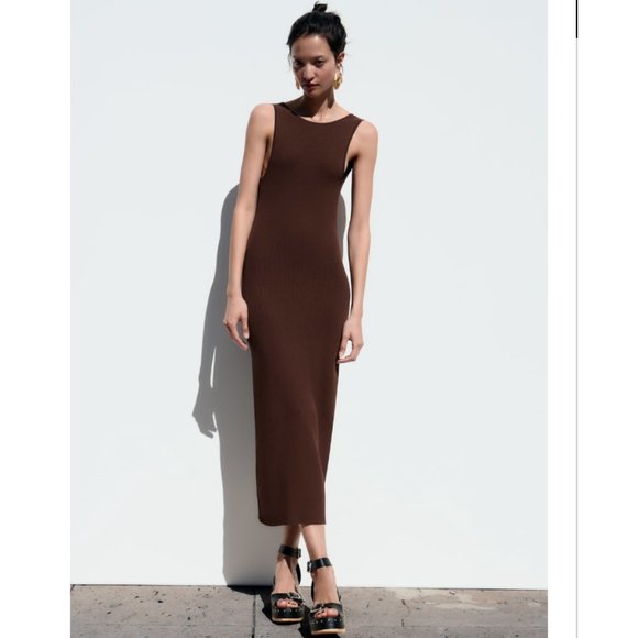 NWT ZARA BROWN KNIT DRESS OPEN BACK - L - Picture 2 of 8